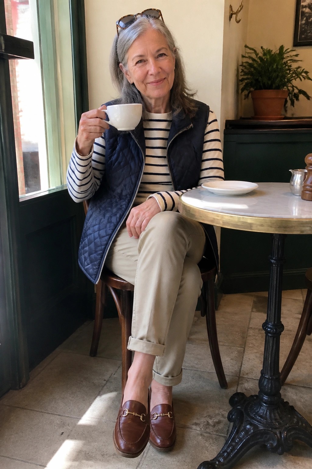 Woman over 60 wearing a navy quilted vest over a navy and white striped shirt with beige cuffed pants and brown leather loafers while seated at a table holding a white cup.