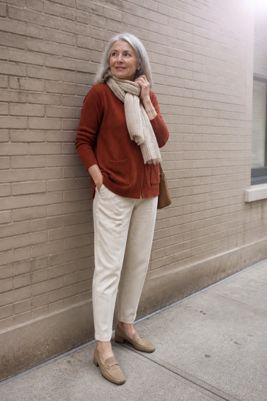 Gray-haired woman in rust sweater and cream pants leaning on brick wall