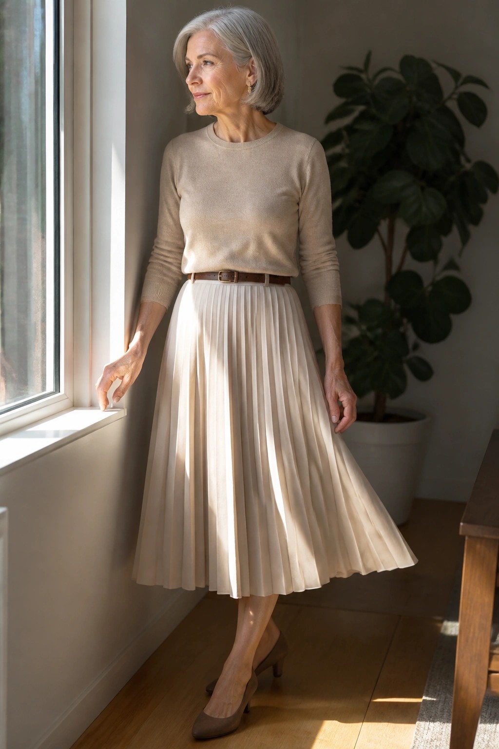 Elegant gray-haired woman in beige sweater and pleated skirt by sunlit window with plant.