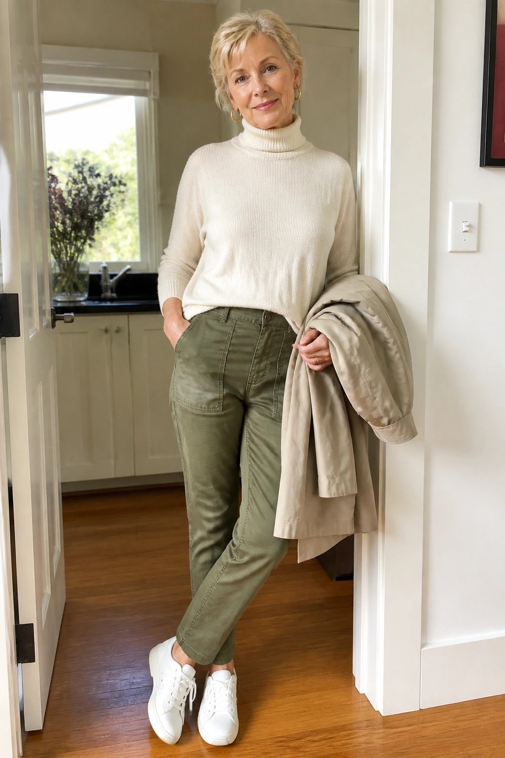 Woman in cream turtleneck, olive pants, and white sneakers holding beige jacket