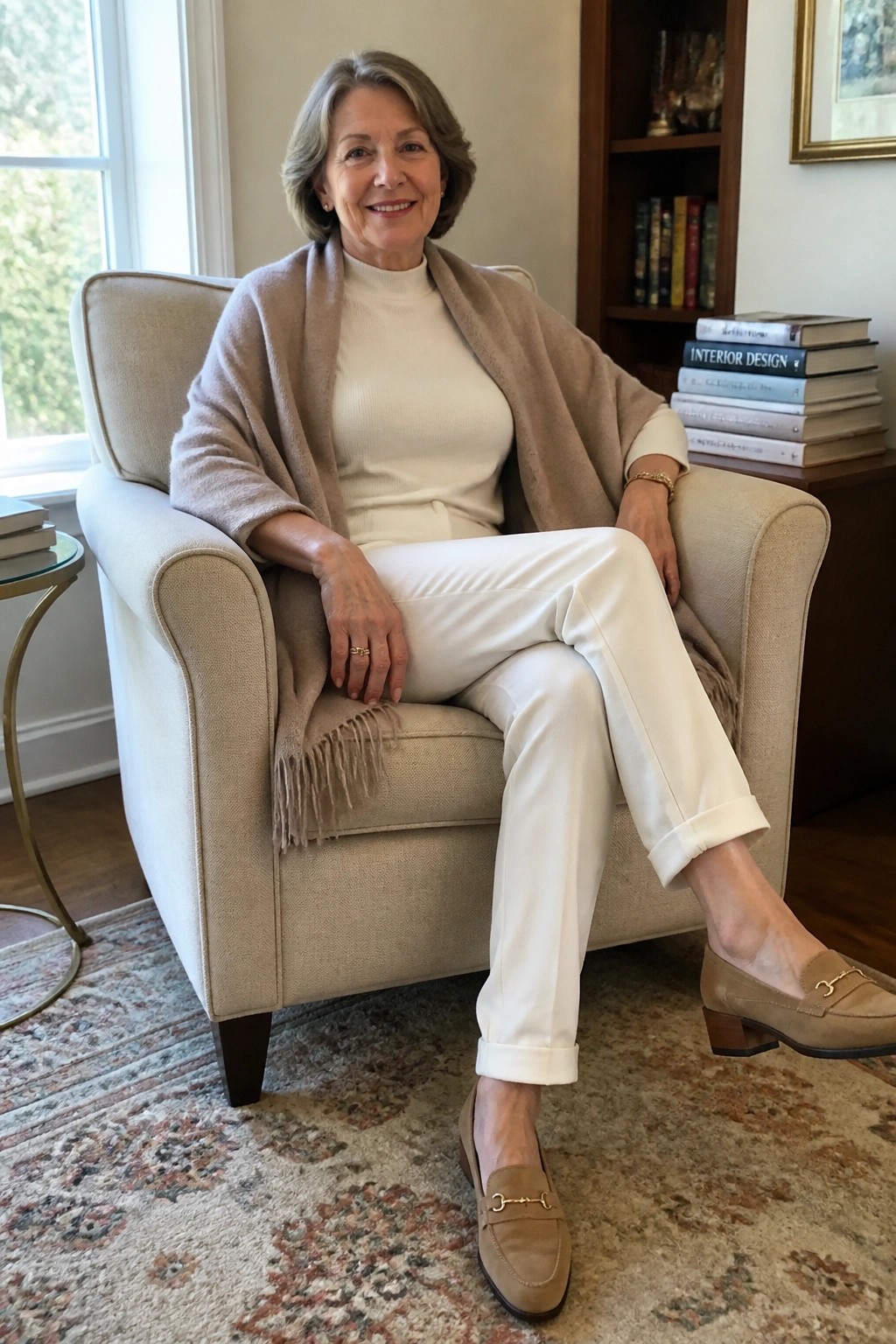 Elegant gray-haired woman in white pants and beige shawl seated smiling in armchair