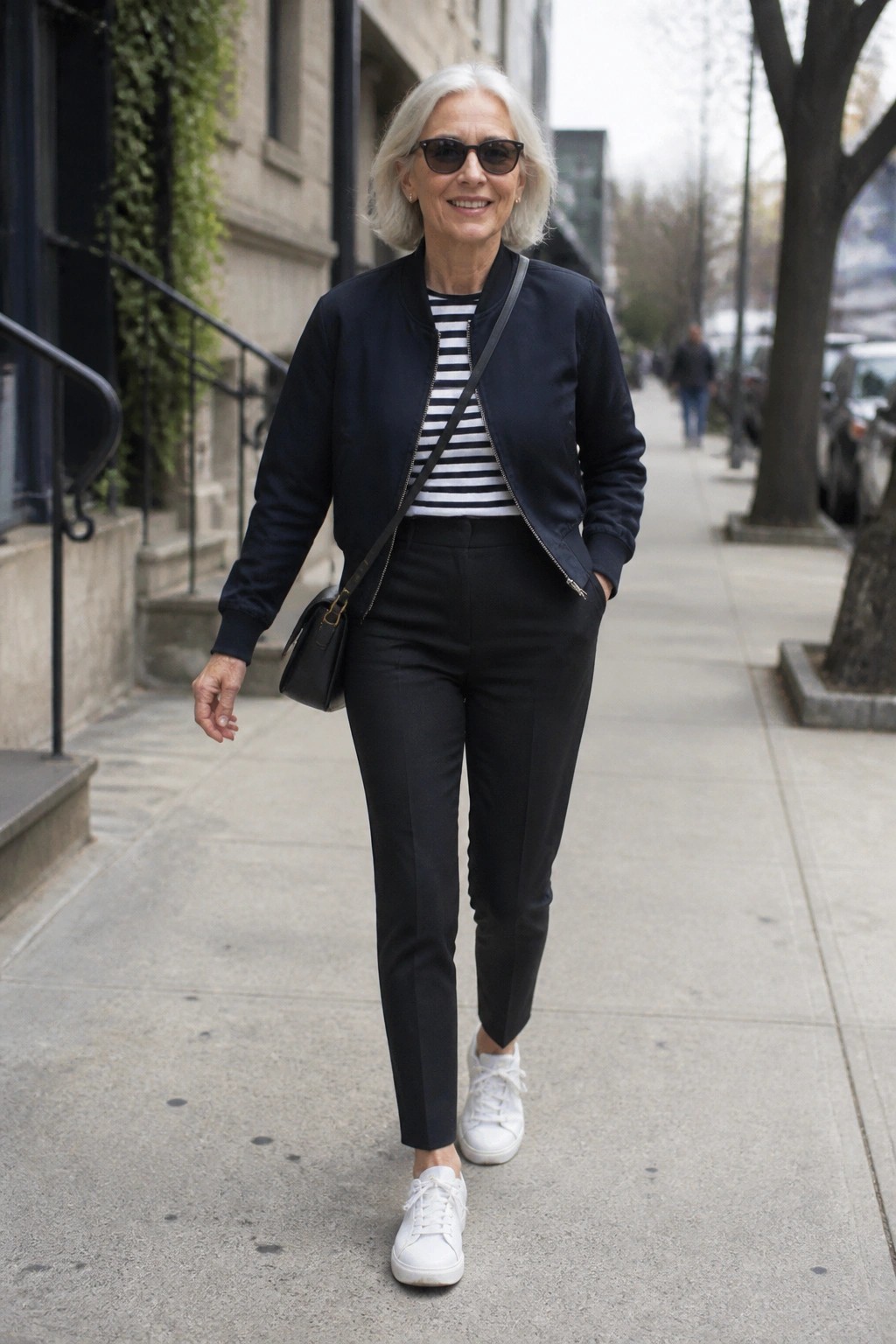 Older woman in navy bomber jacket layered over black and white stripes with slim black pants and white sneakers plus small black bag