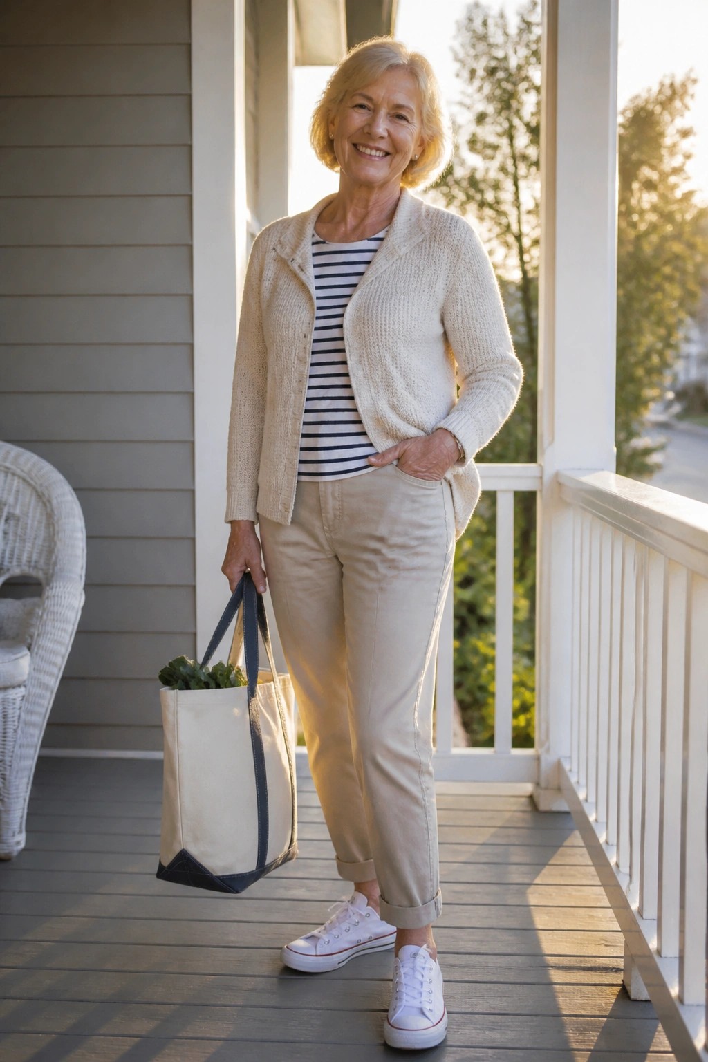 Woman over 60 in cream knit zip jacket over striped top with beige pants and white sneakers holding a canvas tote.