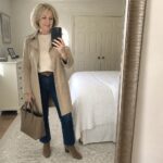 Woman in beige trench coat and jeans taking mirror selfie with brown tote bag