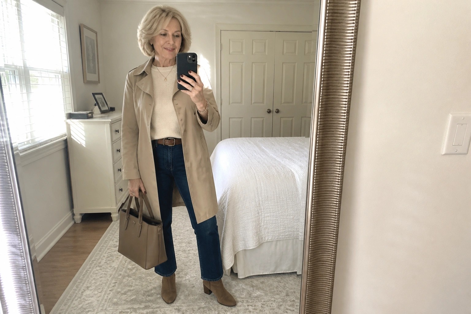 Woman in beige trench coat and jeans taking mirror selfie with brown tote bag