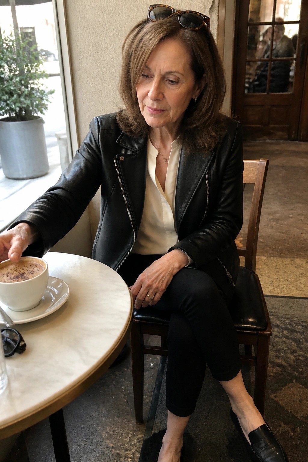 Woman in black leather jacket at cafe table reaching for coffee cup