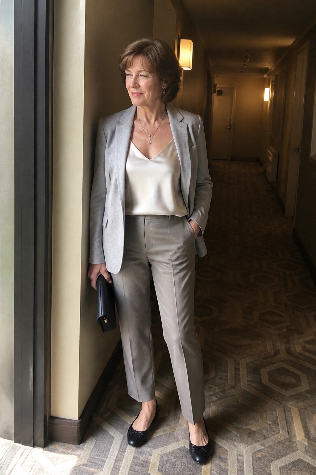 Woman in gray pantsuit and white camisole leaning in patterned hotel hallway