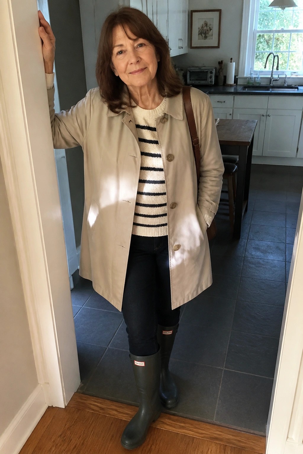 Woman in beige coat and green Hunter boots standing in kitchen doorway.