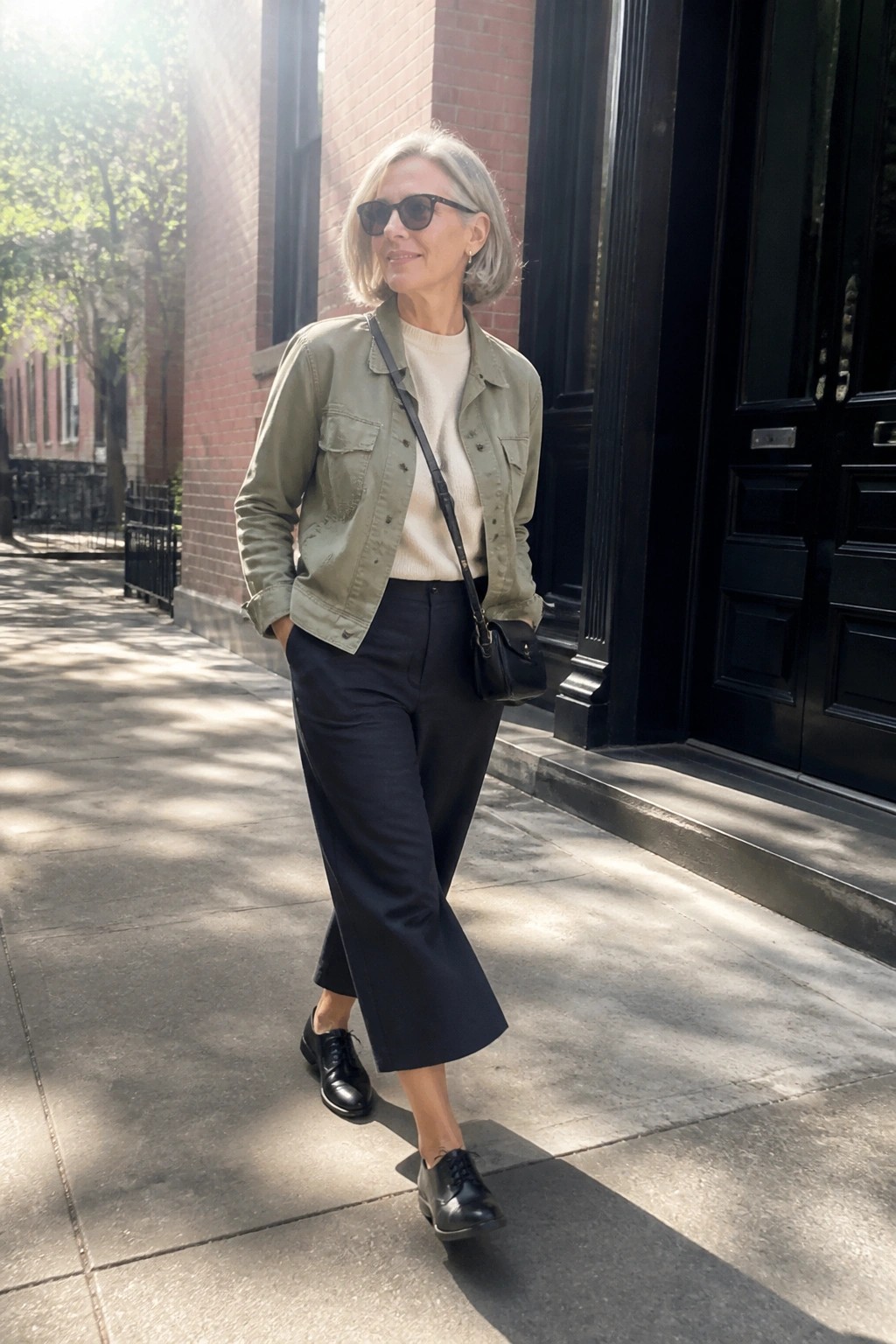 Woman in olive jacket and navy pants walks on sunny city sidewalk