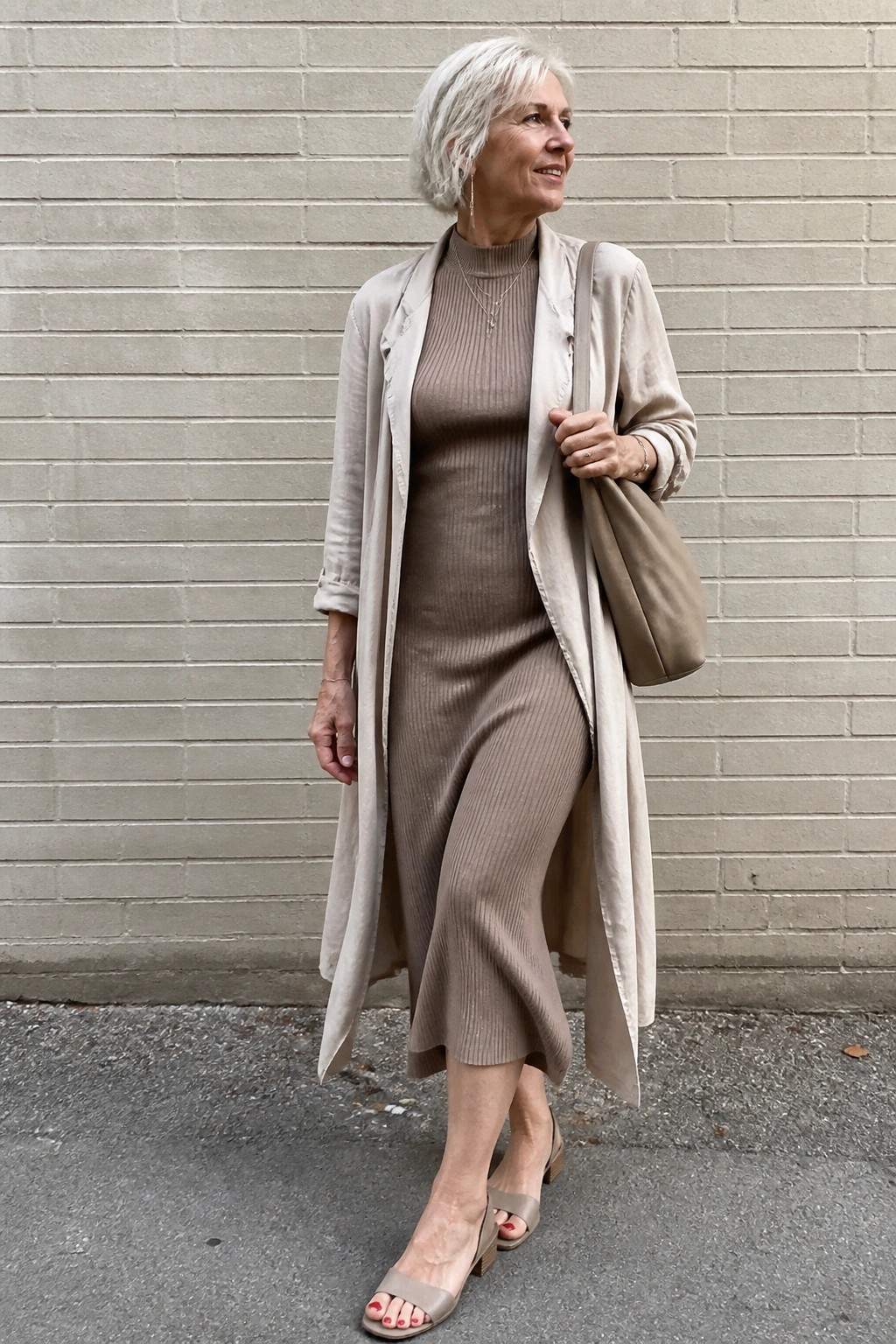 Silver-haired woman in beige trench coat over ribbed dress holding handbag by brick wall