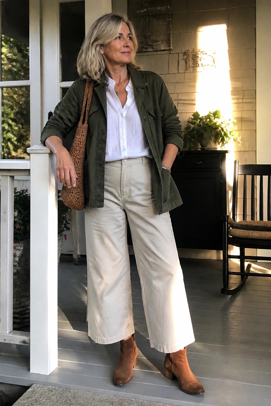 Blonde woman in olive jacket, white shirt, and beige pants on sunny porch