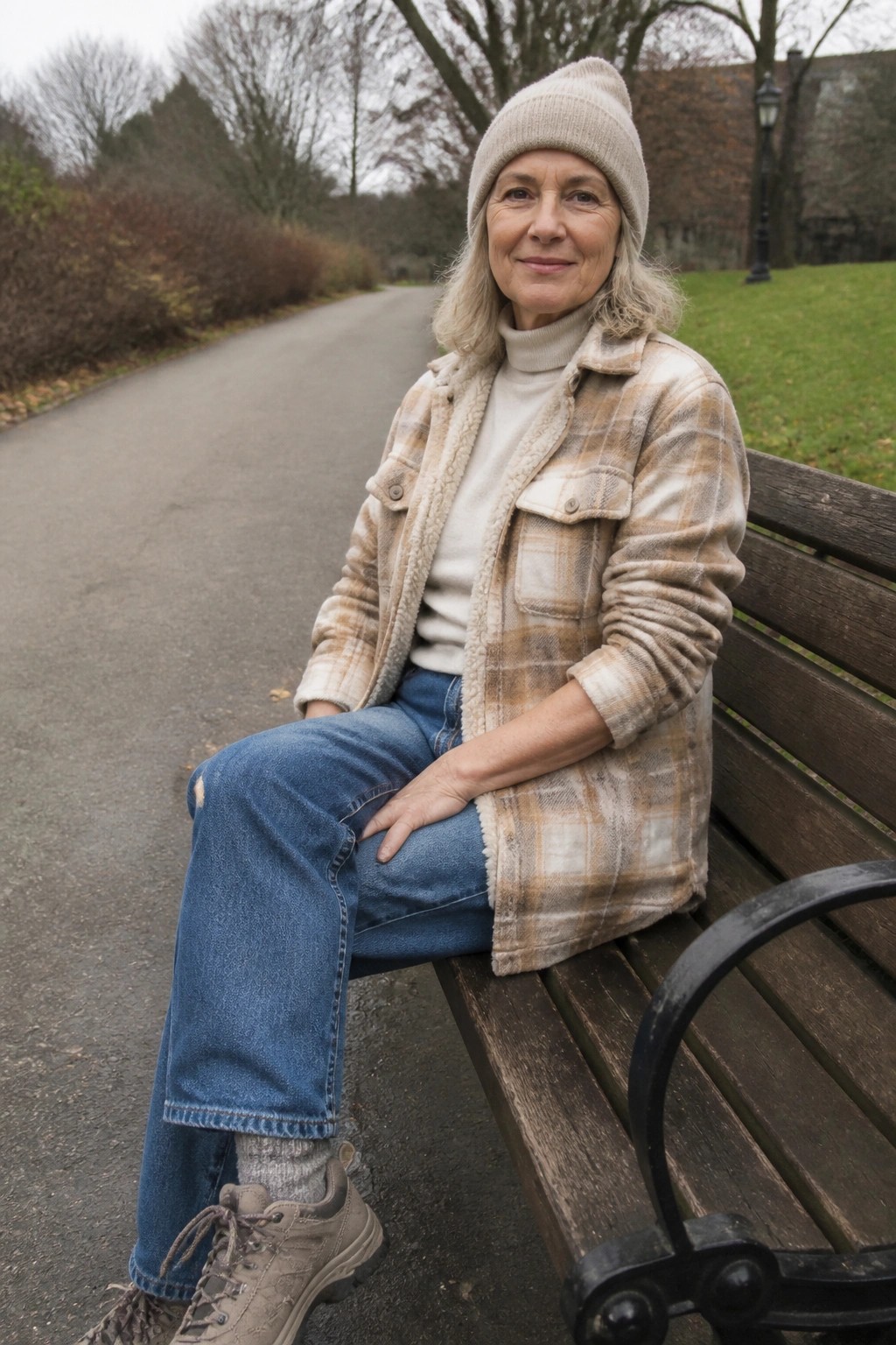 Woman over 60 in a beige plaid fleece jacket over a cream turtleneck with blue jeans gray socks and beige hiking boots seated on a bench