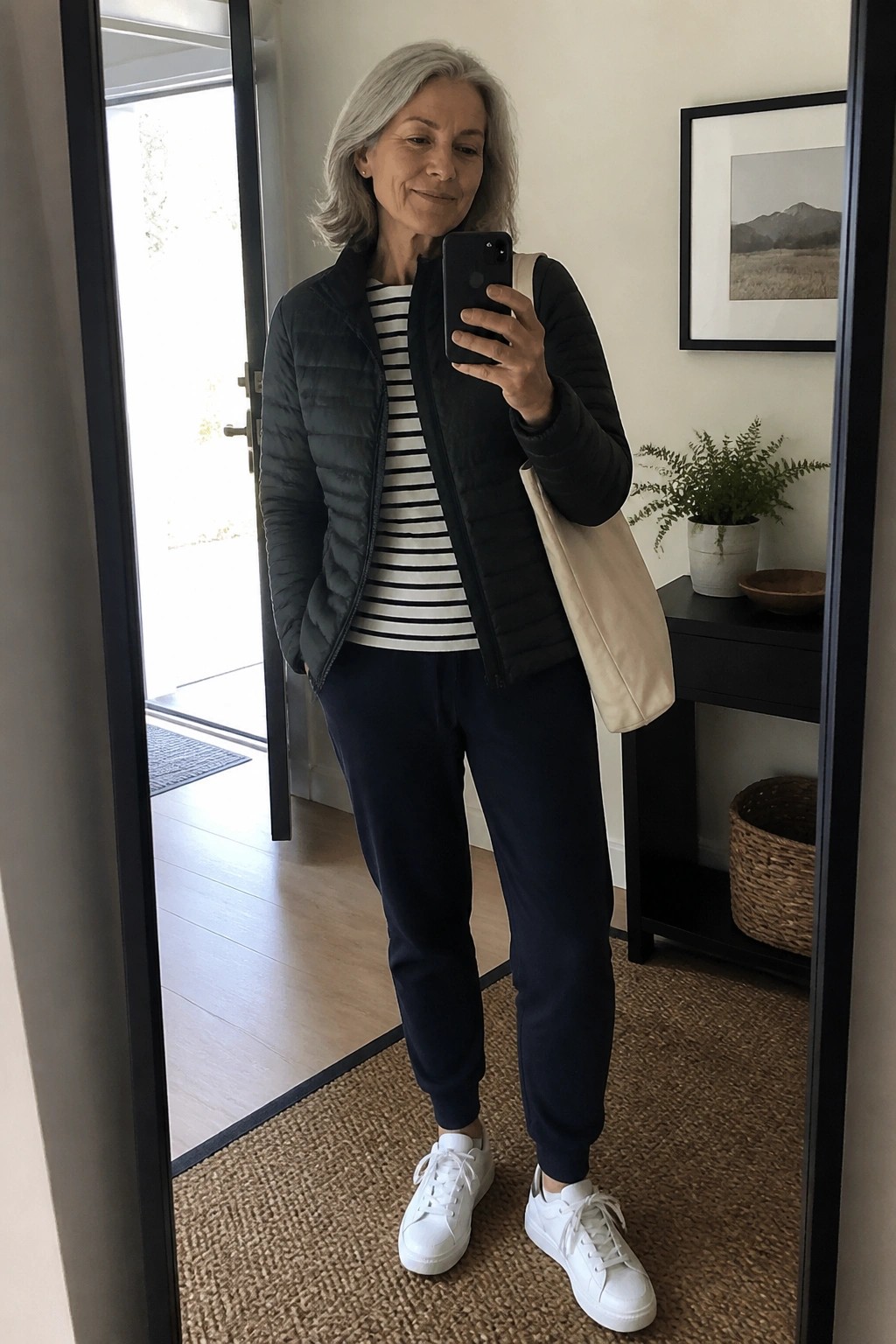 Woman with gray hair in black puffer jacket taking mirror selfie in navy joggers