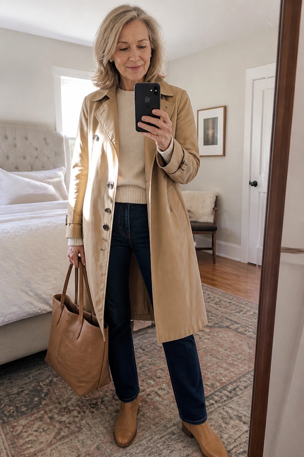 Woman in beige trench coat and jeans taking mirror selfie with brown tote bag