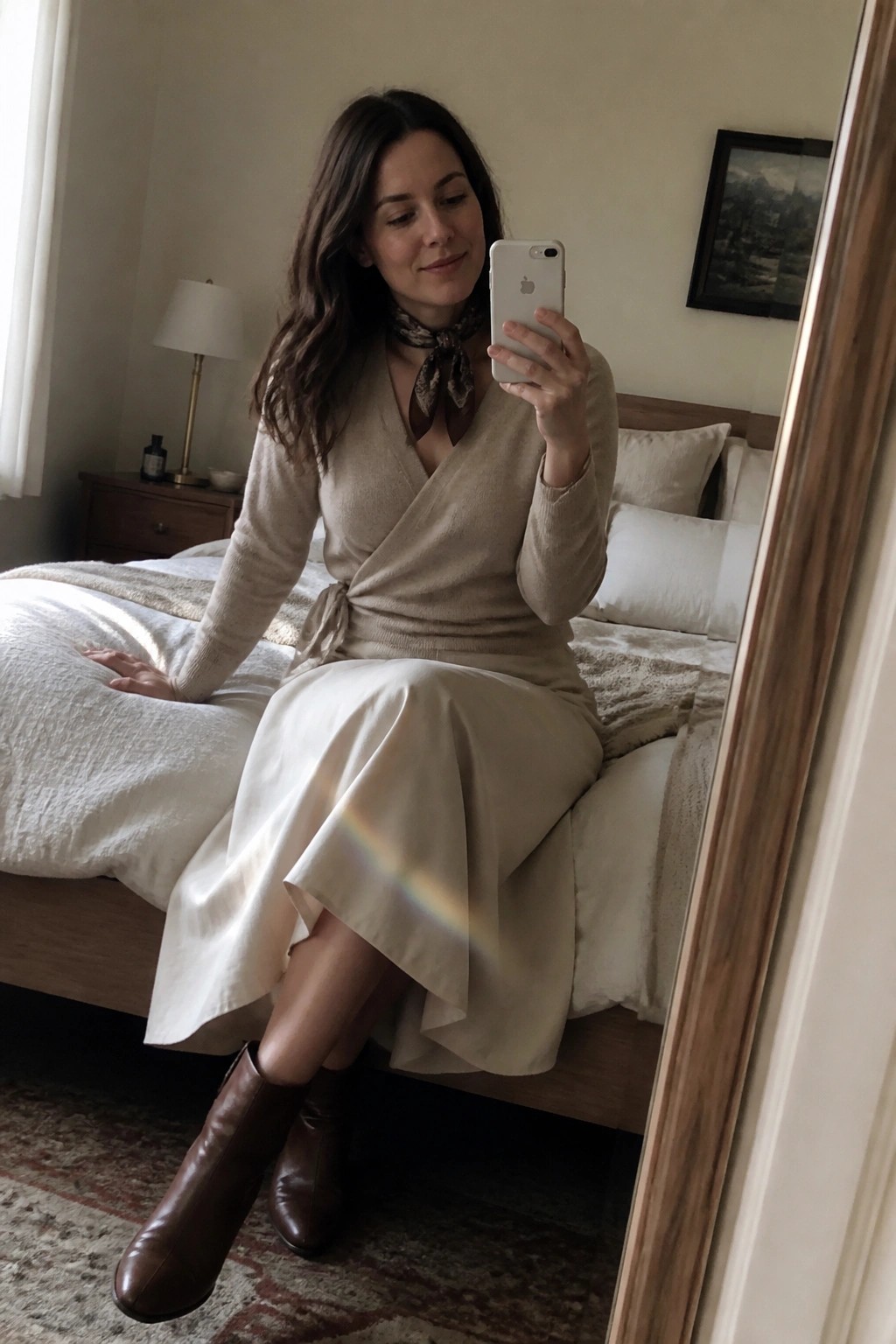 Woman in a beige wrap knit top tied at the waist over a cream midi skirt paired with brown leather ankle boots and a patterned neck scarf sitting on a bed while holding a phone.