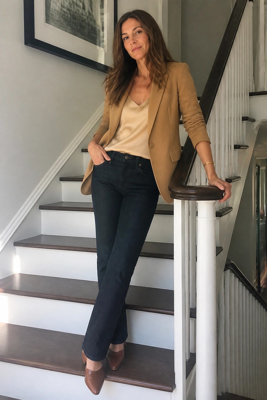 Woman in tan blazer and dark jeans posing on wooden staircase railing