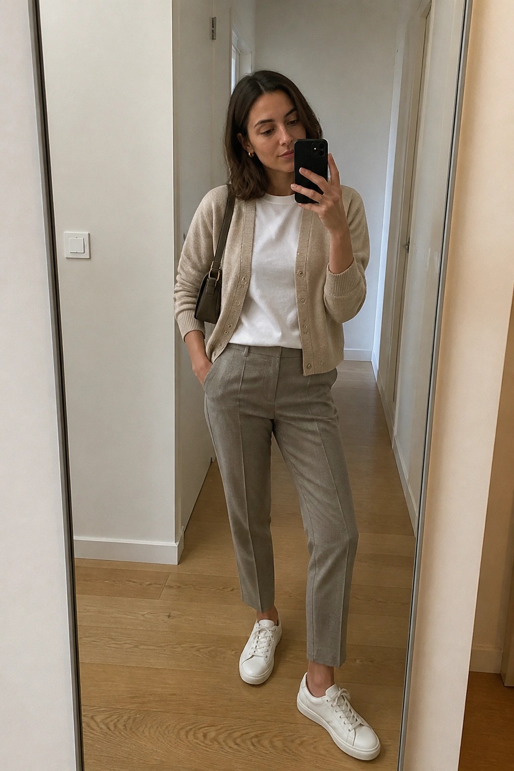 Woman in beige cardigan and gray pants taking mirror selfie with phone.