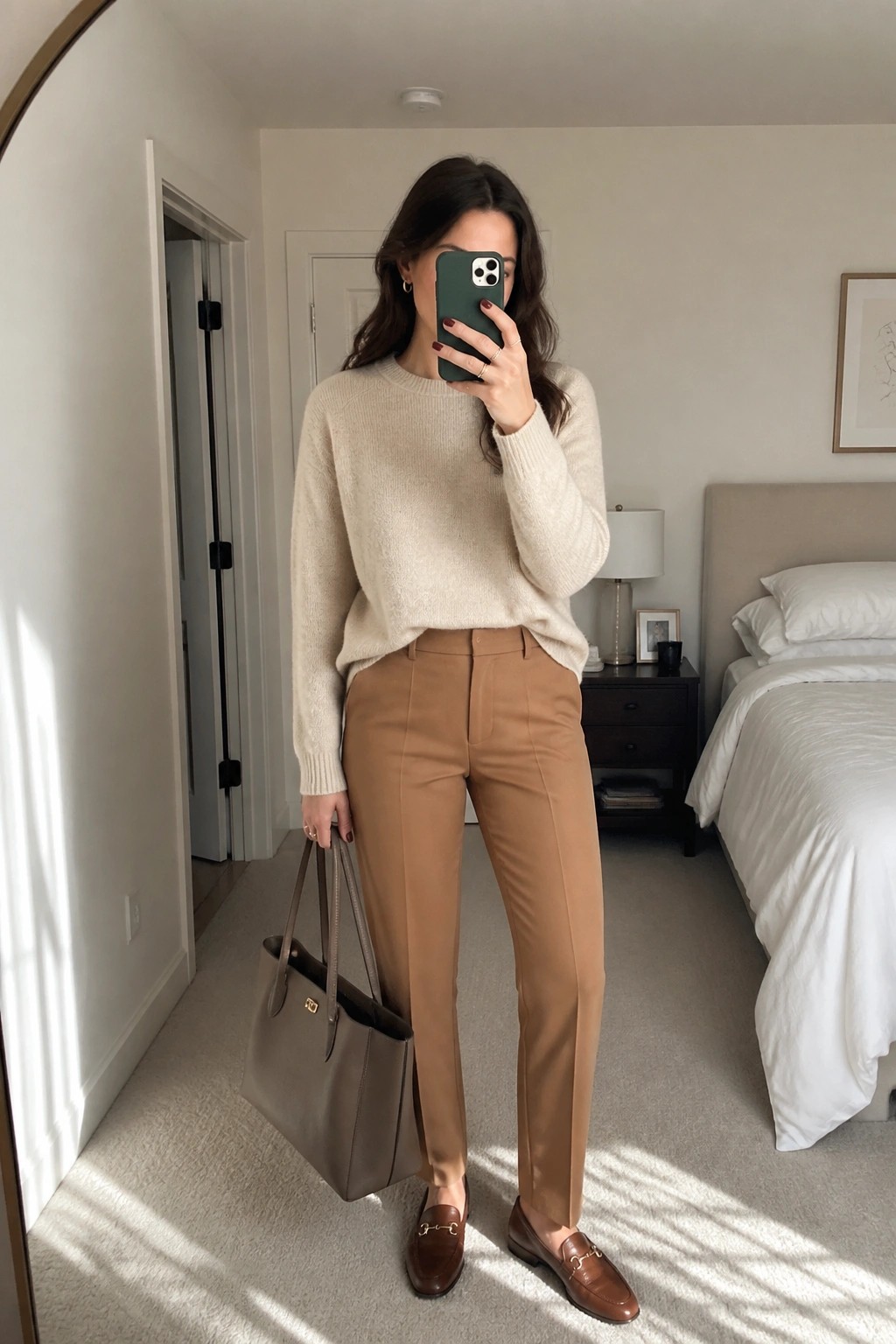 Woman in cream sweater and tan pants holding phone and tote in bedroom