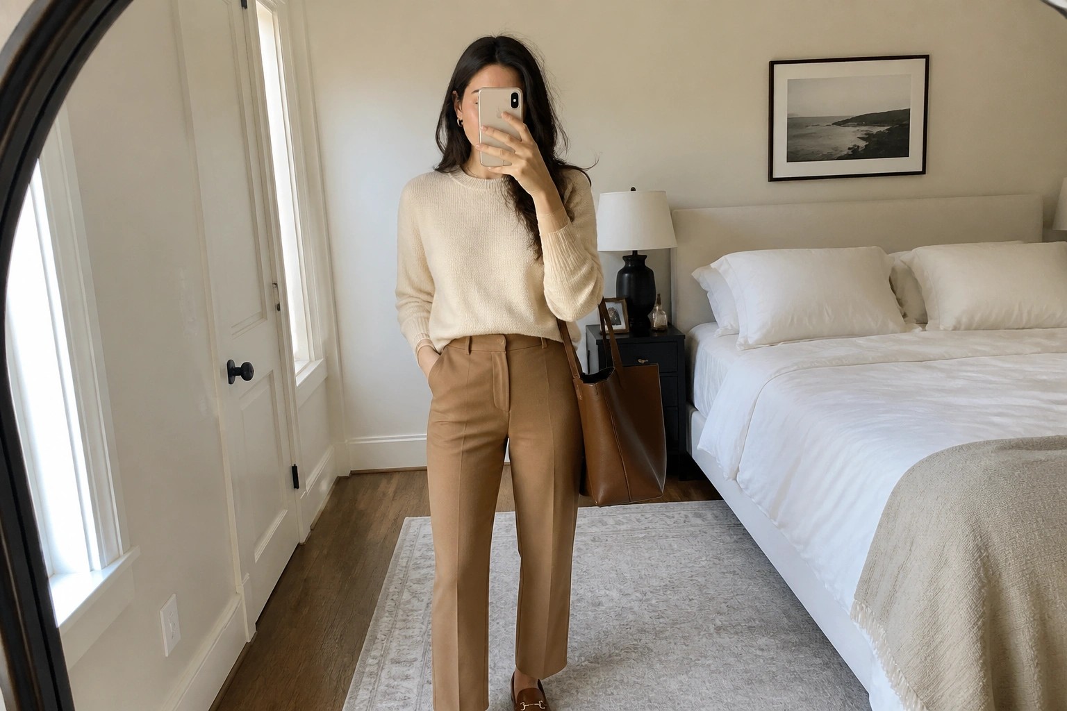 Woman in cream sweater and tan pants holding phone and tote in bedroom