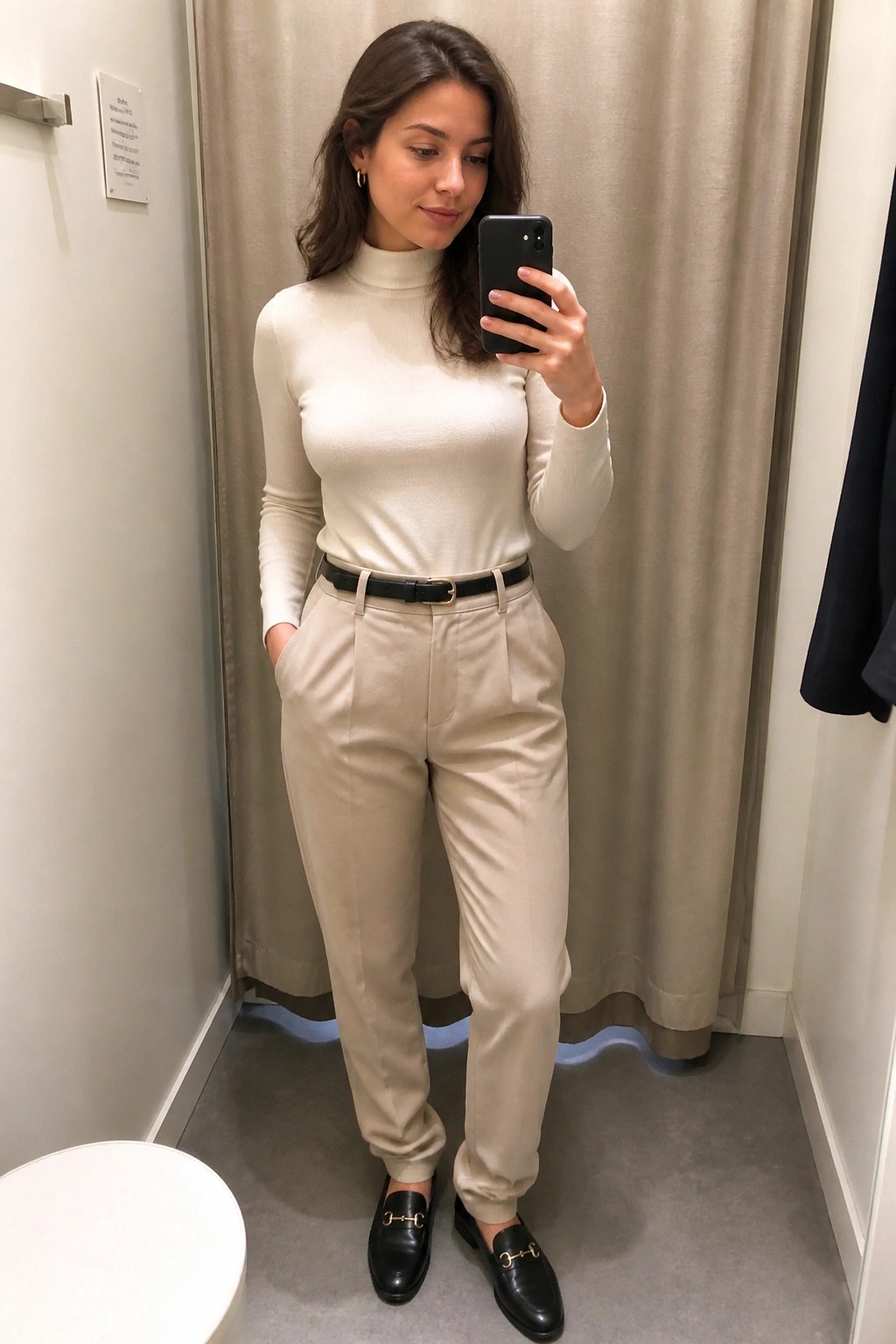 Woman wearing cream turtleneck sweater tucked into beige pleated trousers with black belt and black horsebit loafers taking mirror selfie in fitting room.