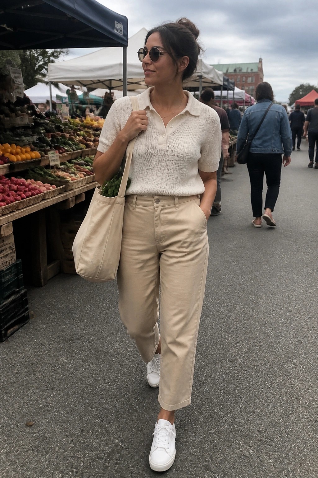 Woman in cream polo shirt and beige pants with tote bag at farmers market