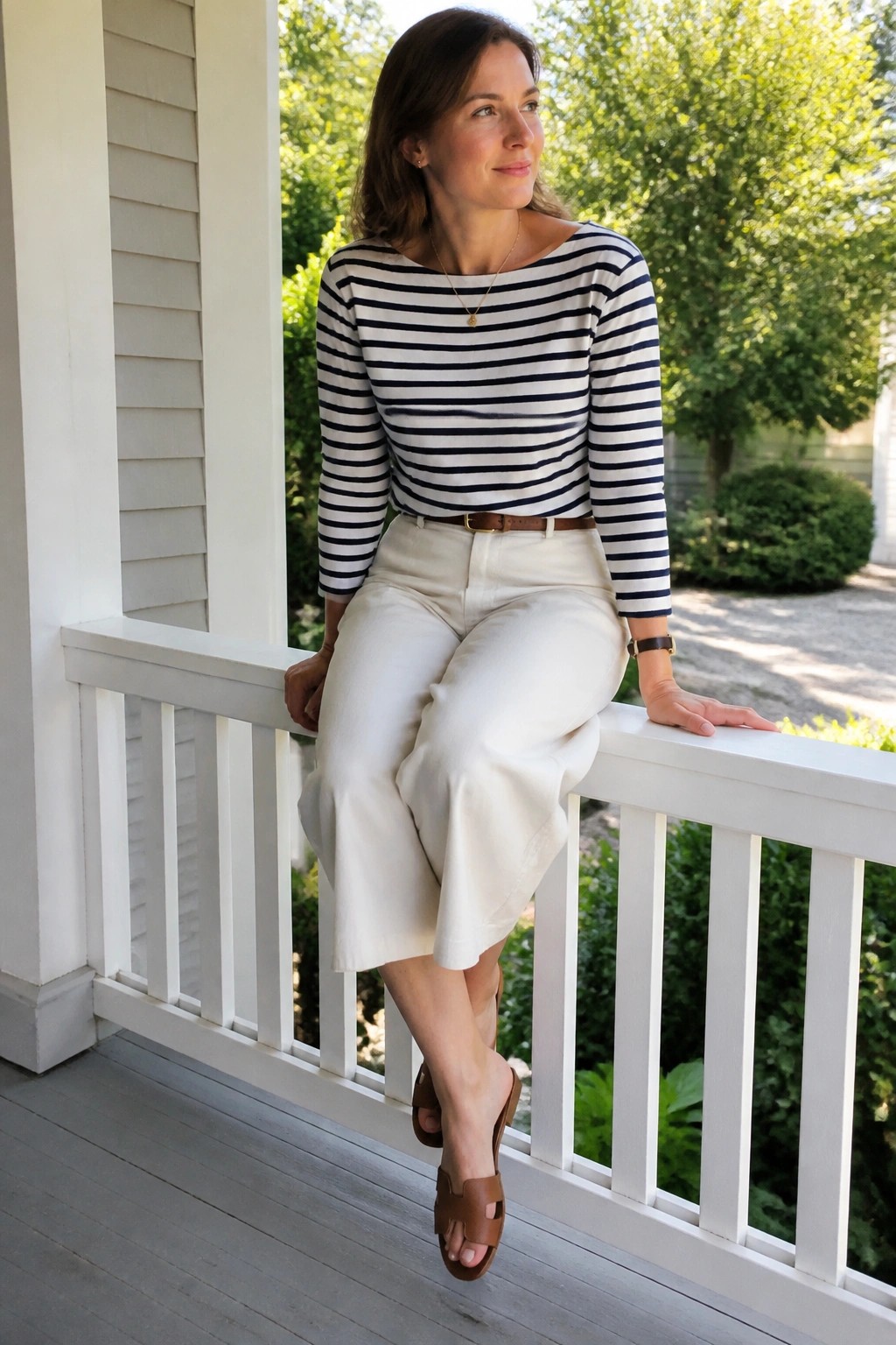 Woman in striped top and white pants on white porch railing