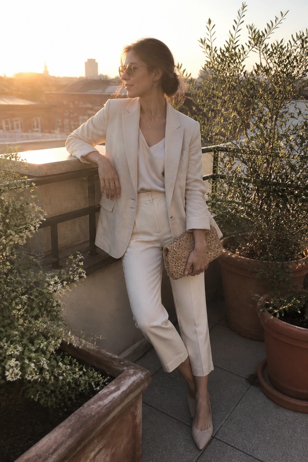 Woman in cream pantsuit holding woven clutch on plant-filled balcony at sunset.