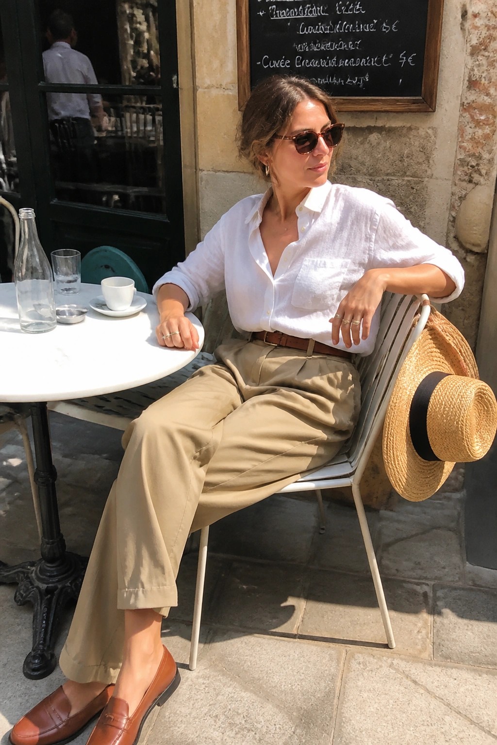 Woman in white shirt and beige pants at outdoor cafe with straw hat