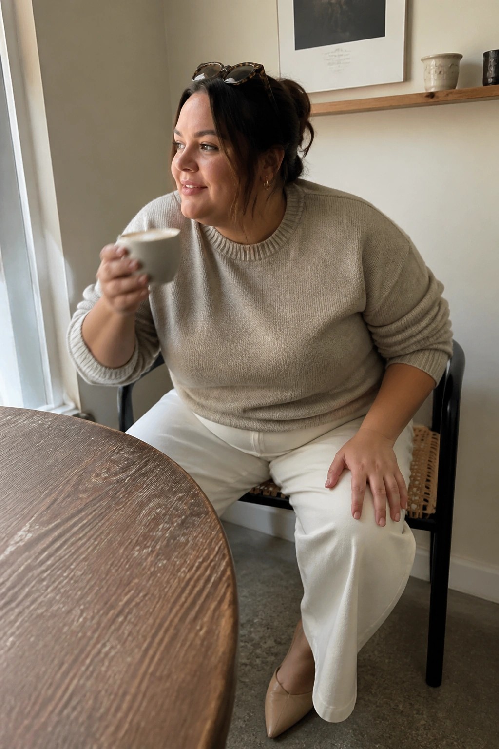Woman in beige sweater and white pants sipping coffee at cafe table