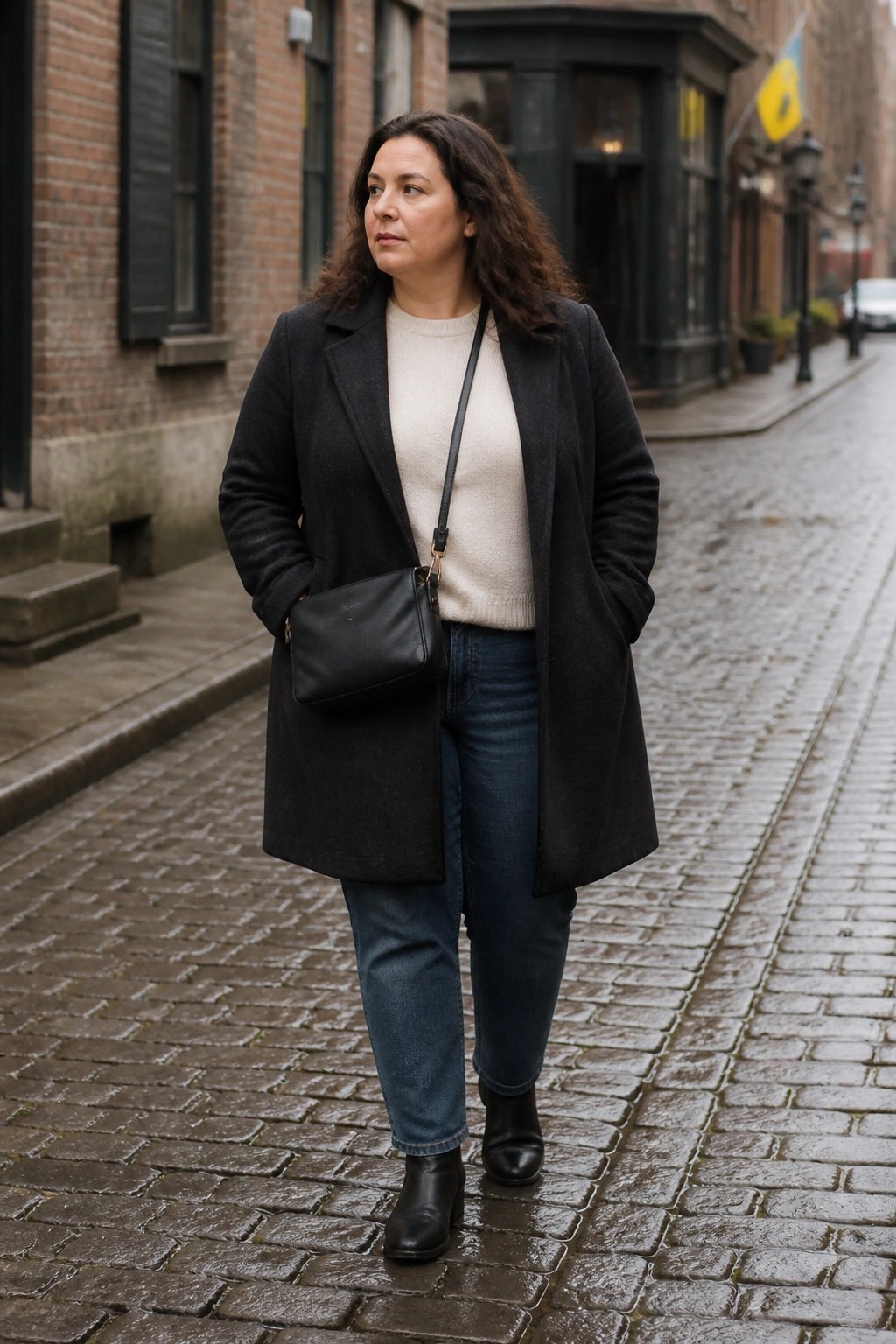 Woman in black coat over cream sweater and blue jeans on wet cobblestone street