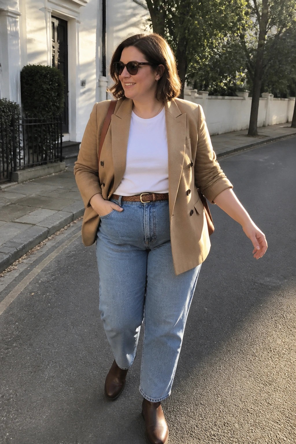 Plus size woman wearing a camel double breasted blazer over a white t shirt, blue jeans with brown woven belt, brown boots, and carrying a brown bag.
