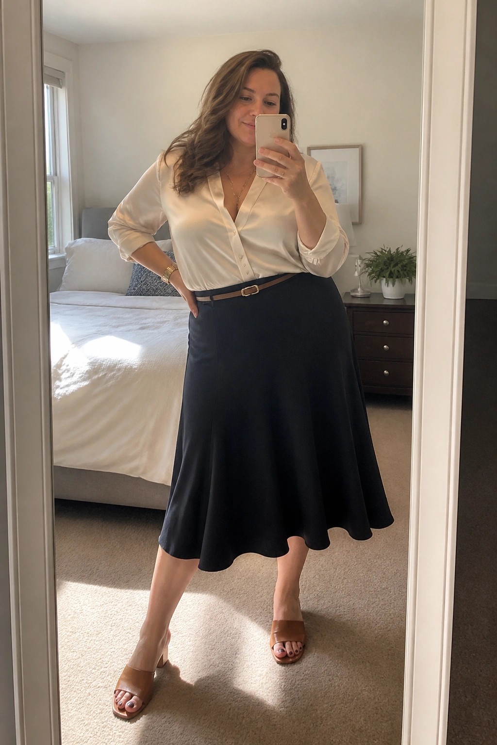 Woman in white satin blouse and black skirt taking mirror selfie in bedroom.