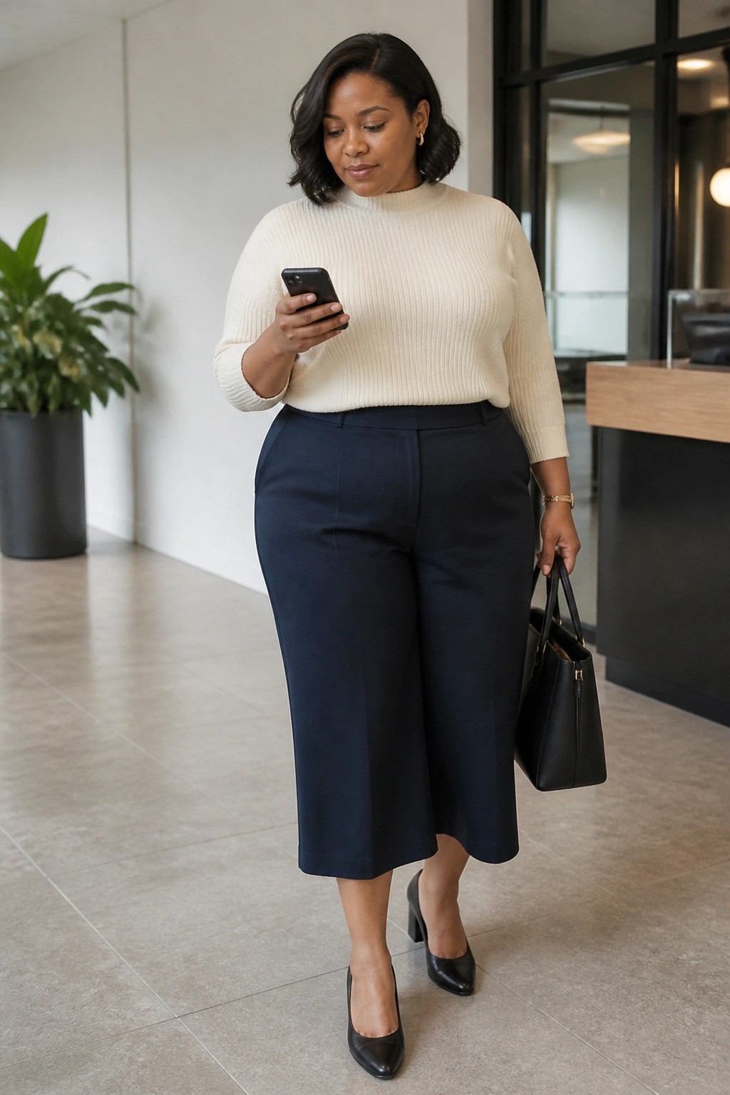 Woman in cream sweater and navy pants views smartphone while holding black handbag in lobby