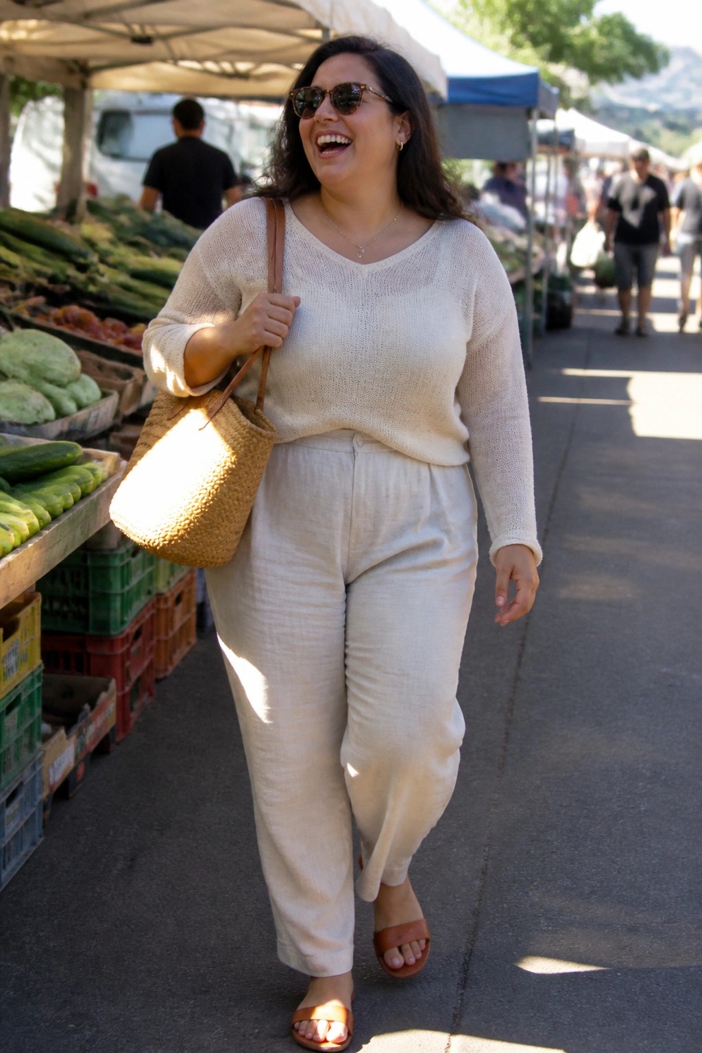 Woman laughing in cream sweater and linen pants at sunny farmers market with woven bag