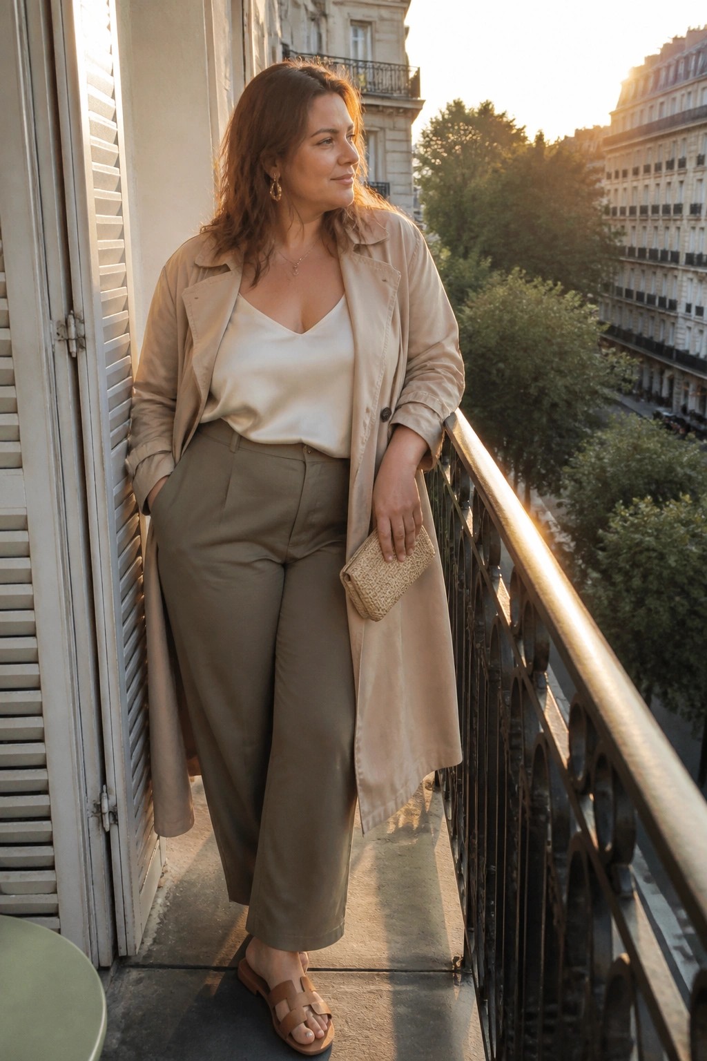 Plus size woman wearing an open beige trench coat over a cream satin camisole and olive wide leg trousers, holding a woven clutch and wearing brown slide sandals on a balcony.