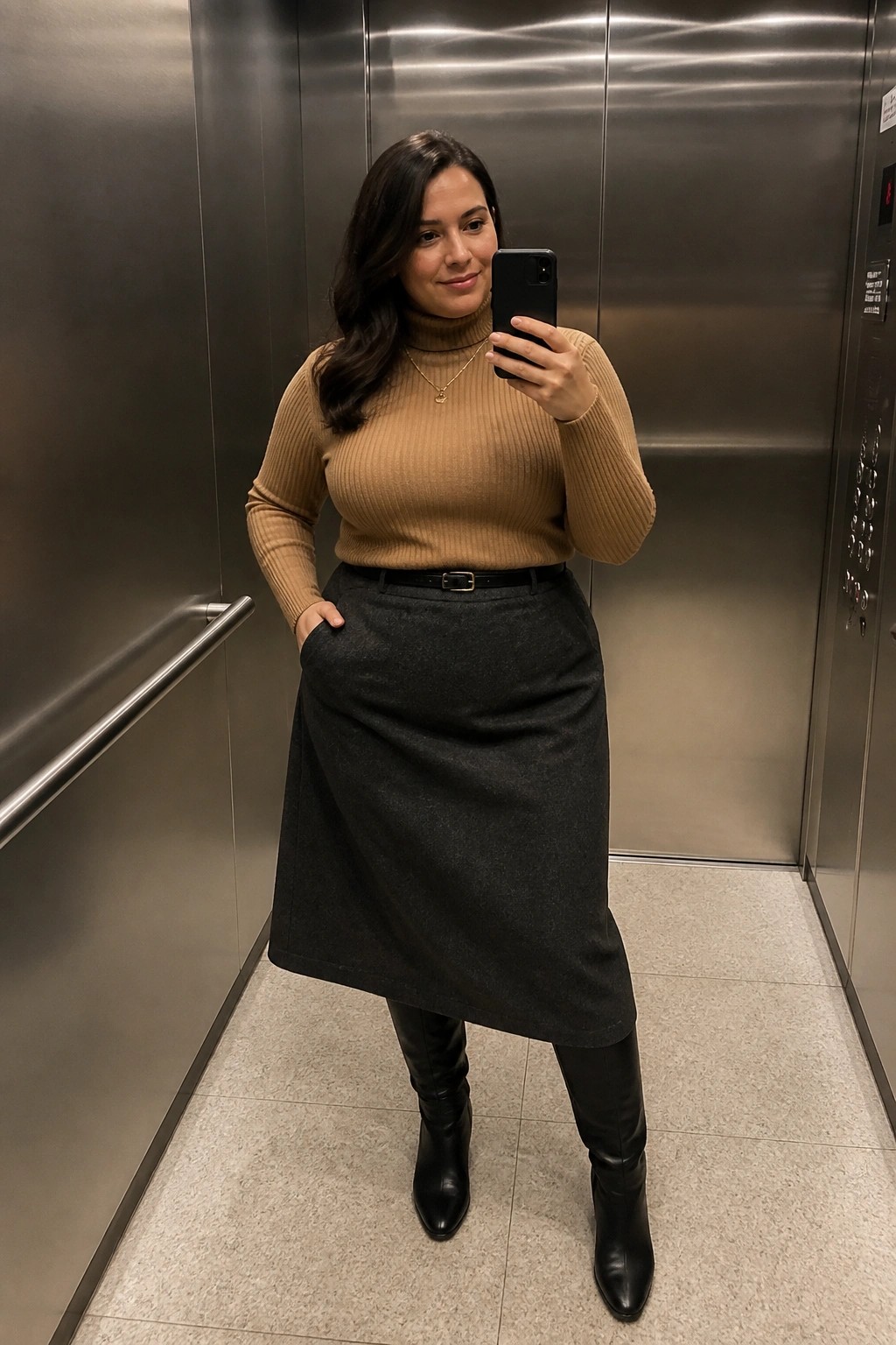 Woman in tan turtleneck and gray skirt taking phone selfie in elevator