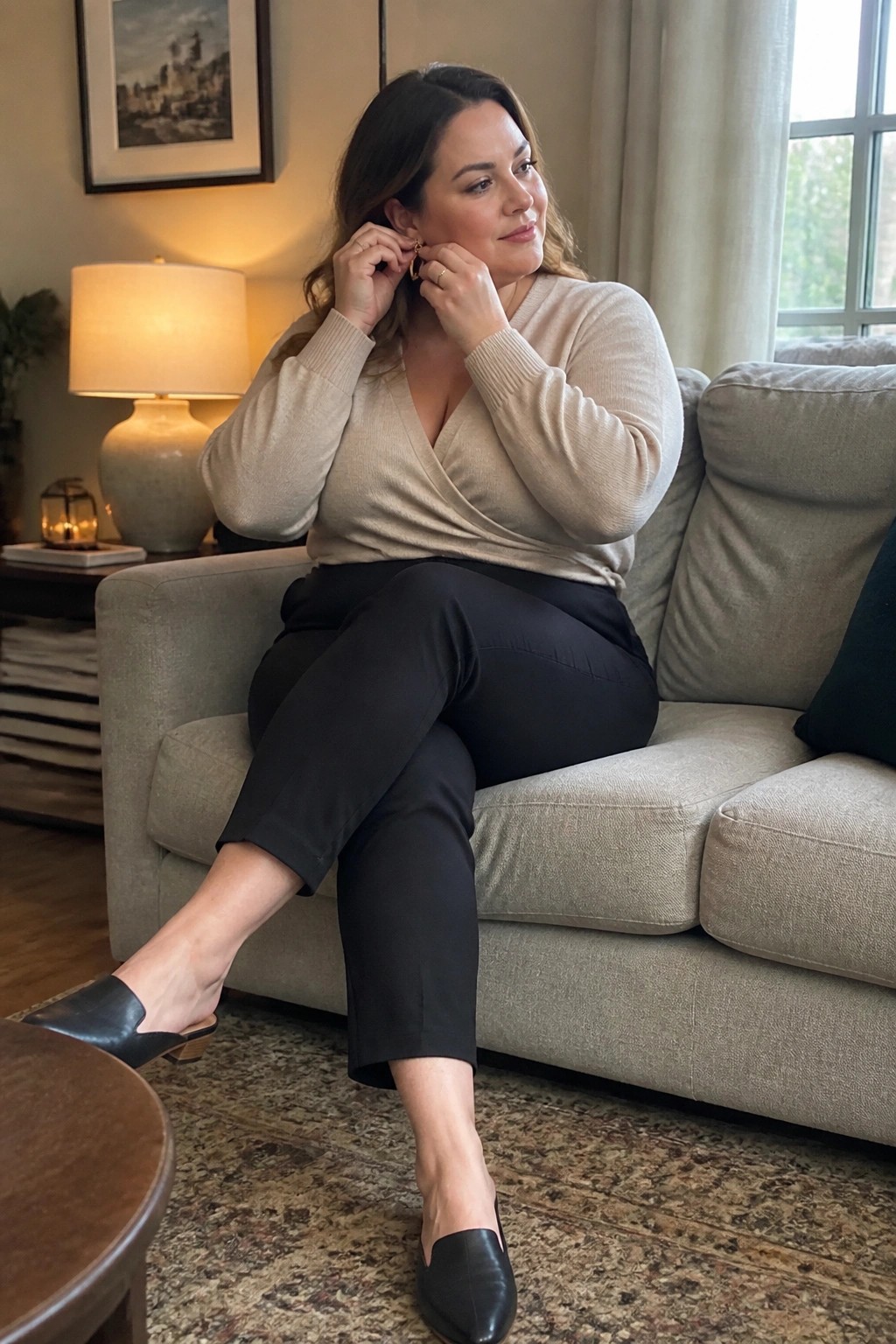 Woman in beige wrap sweater and black pants on couch adjusting earrings