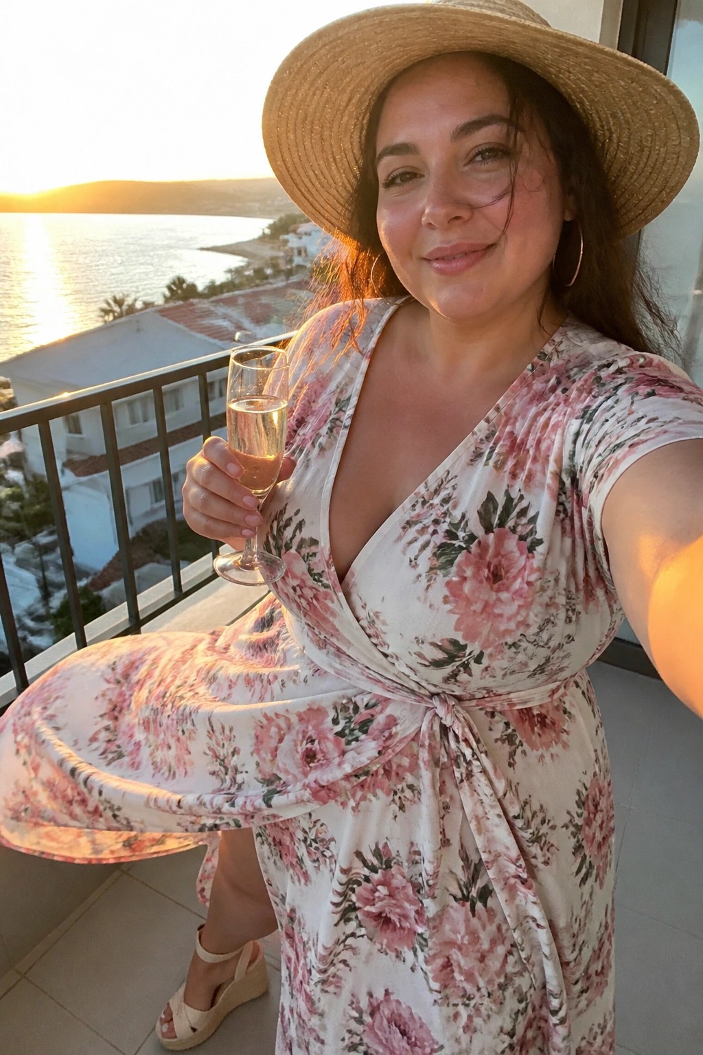 Woman in floral wrap dress and straw hat holding champagne on sunset balcony