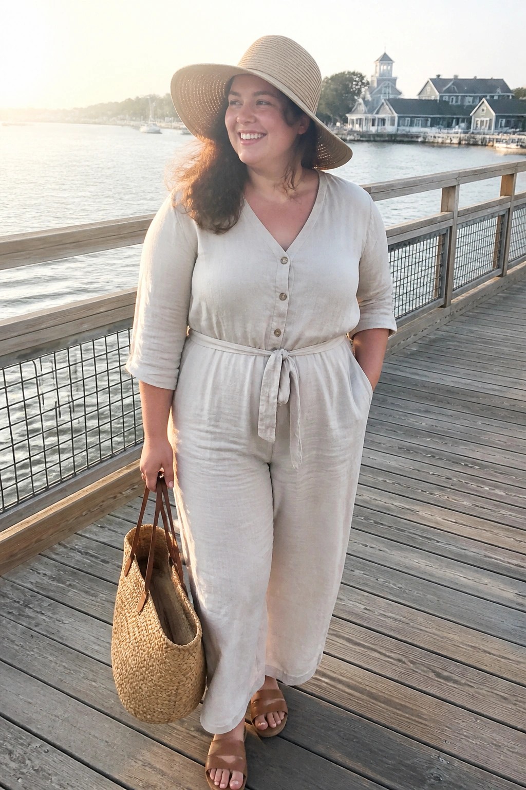 Plus size woman wearing a beige linen jumpsuit with V neck button front tie belt and wide legs paired with a straw hat woven tote and brown sandals on a wooden pier.