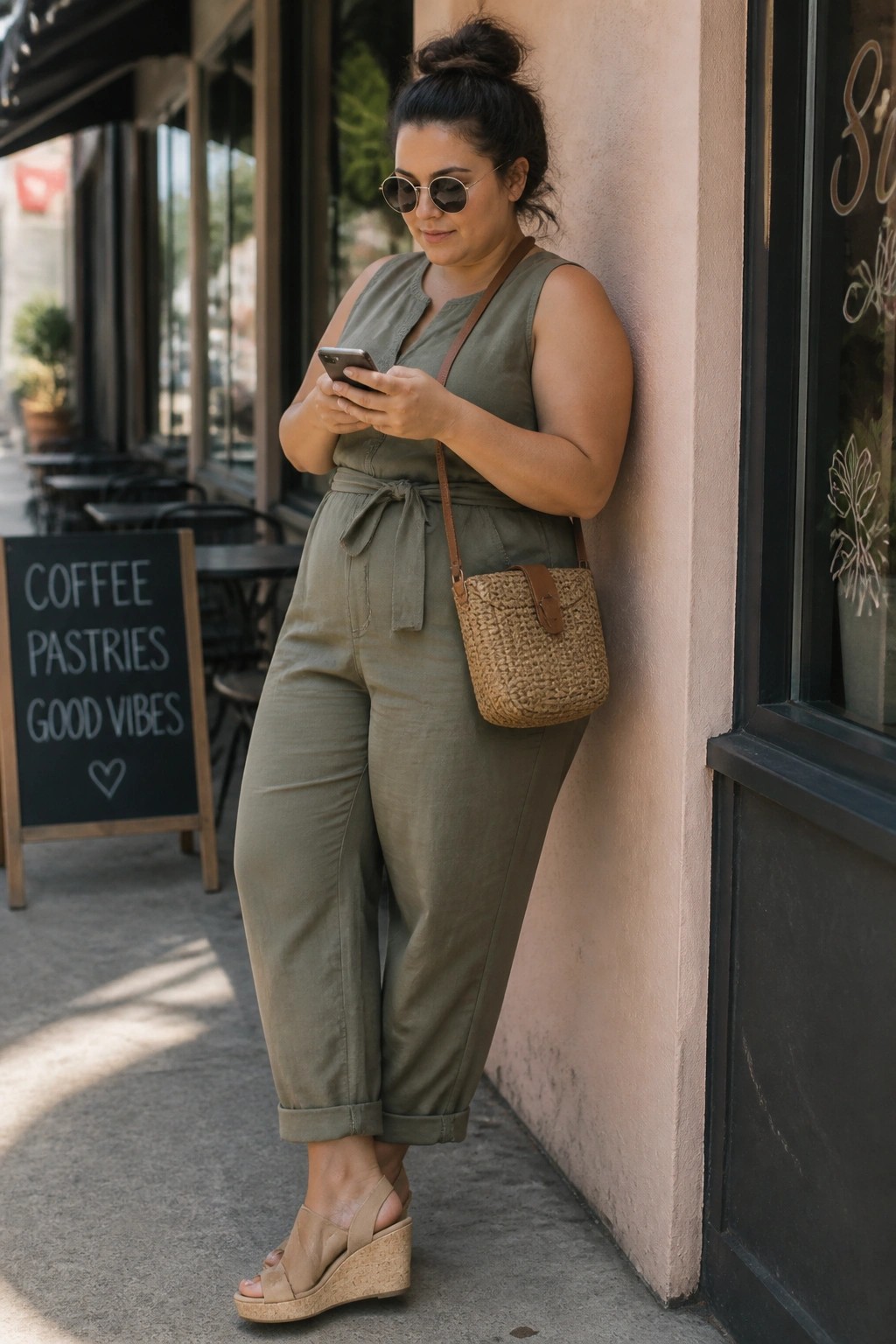 Woman in olive jumpsuit with straw bag checks phone against cafe wall
