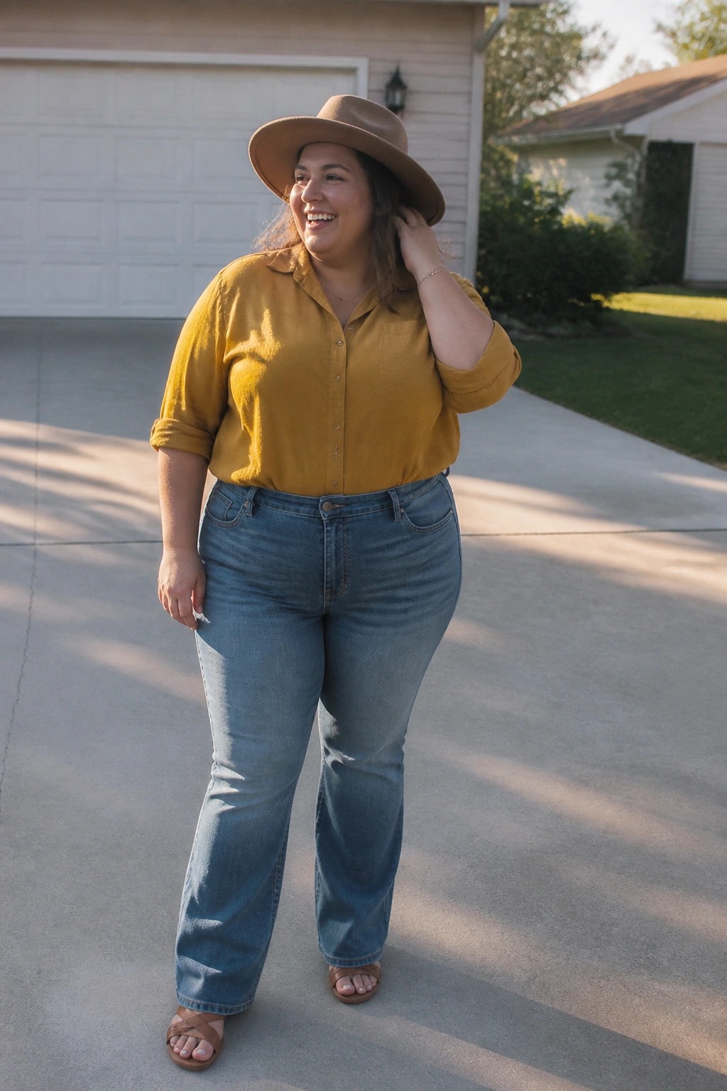 Smiling woman in mustard shirt and blue jeans wearing brown hat on driveway