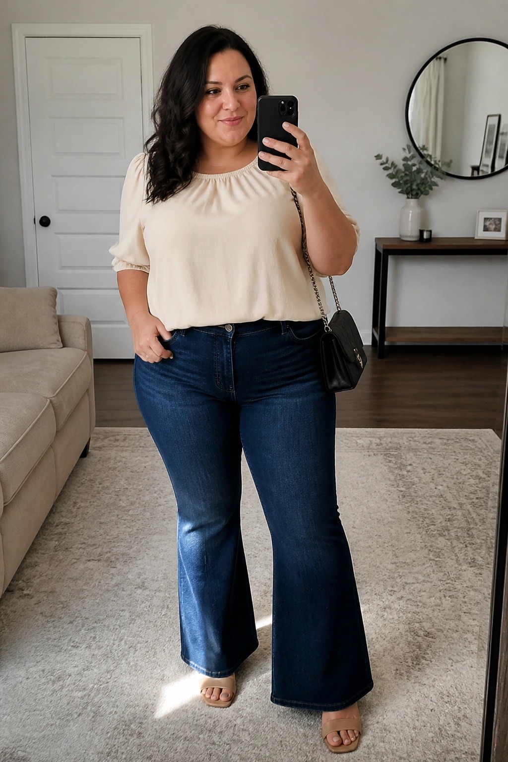 Plus size woman wearing a cream puff sleeve blouse tucked into dark blue flare jeans with beige slide sandals and a black chain strap bag while holding a phone for a mirror selfie.