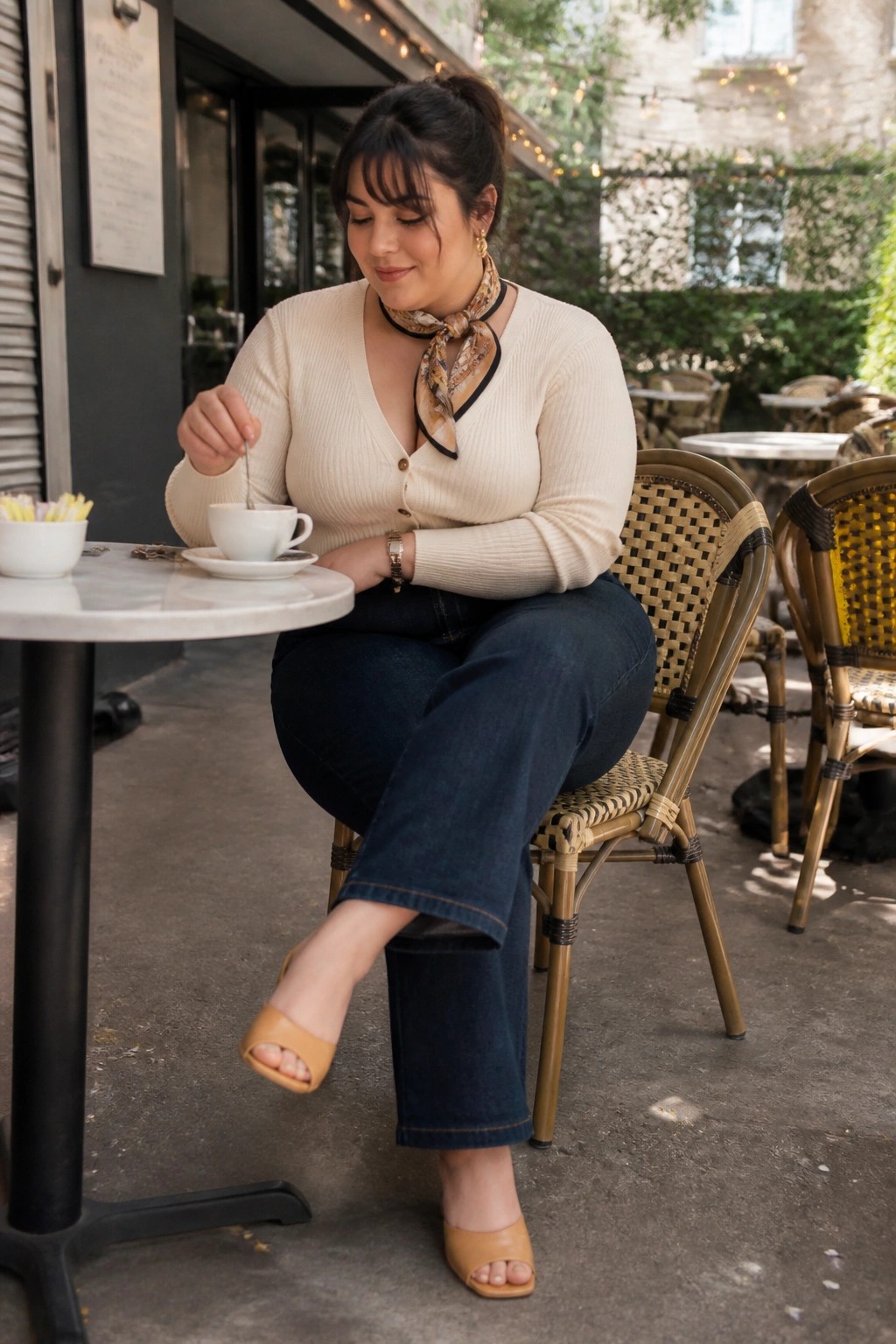 Plus size woman wearing dark flare jeans, cream ribbed cardigan, patterned neck scarf, and tan open toe mules while seated at an outdoor table with a coffee cup.