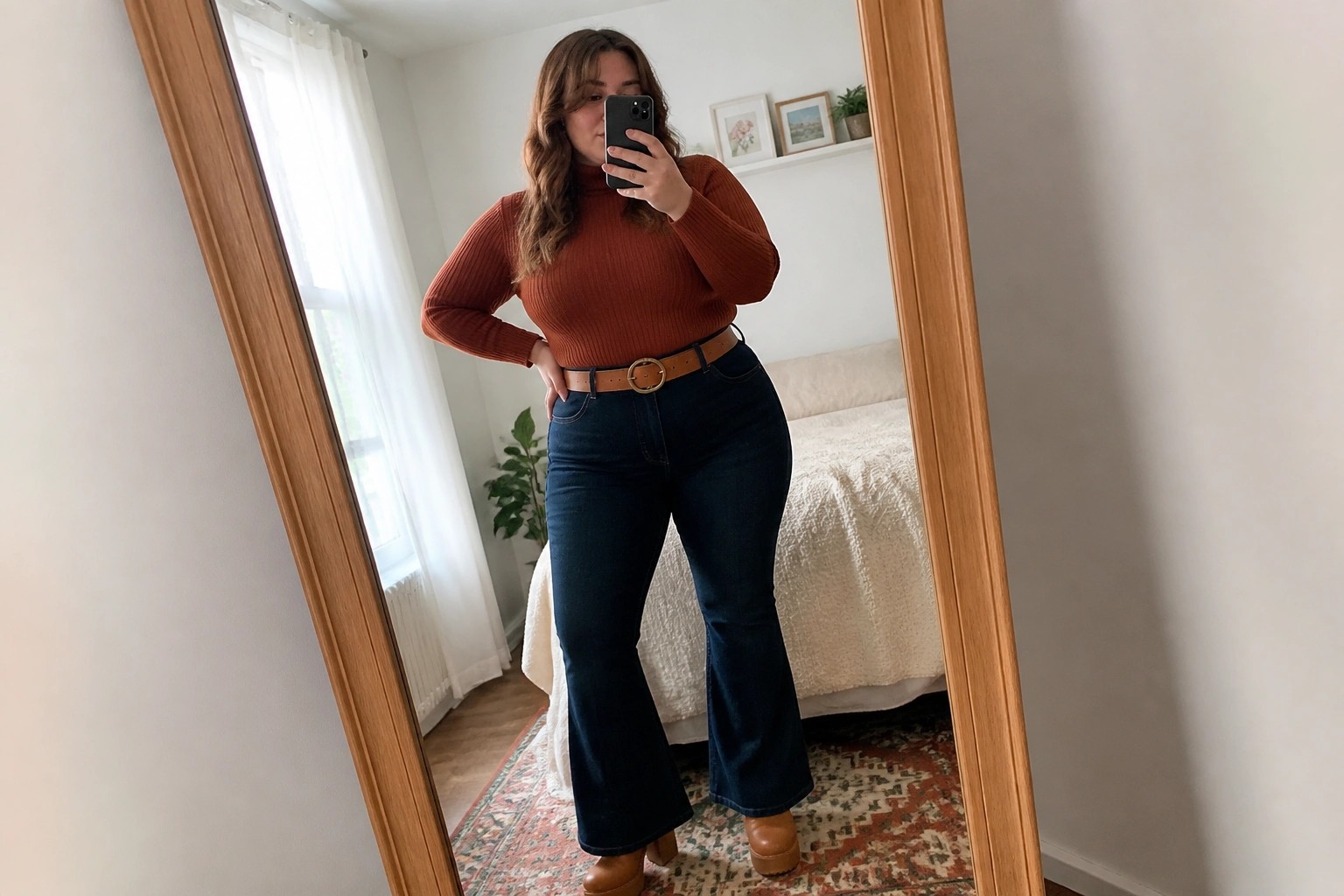 Woman in rust turtleneck and blue flared jeans taking mirror selfie in bedroom