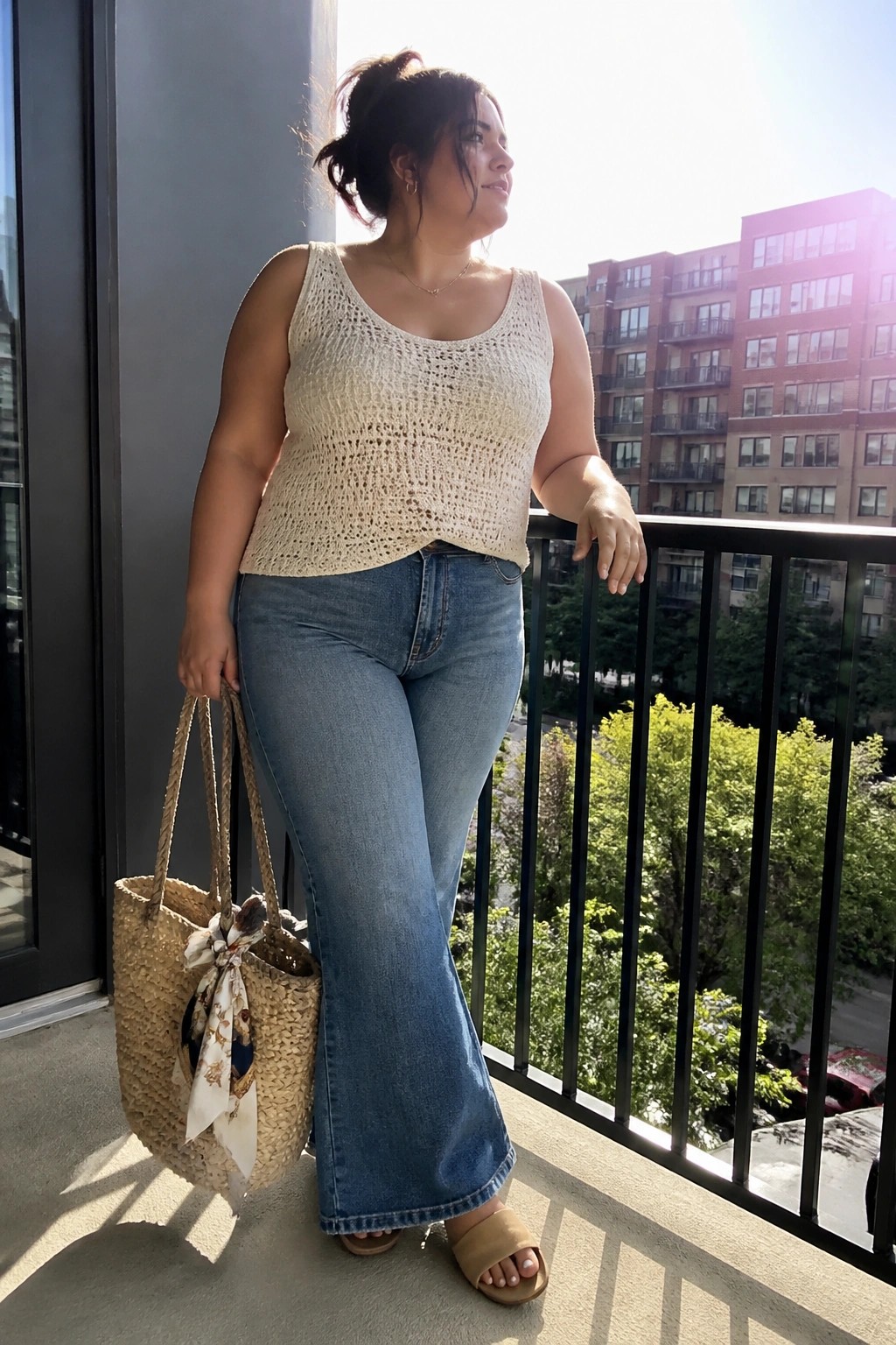 Woman in cream crochet tank top and blue wide-leg jeans holding straw tote on balcony