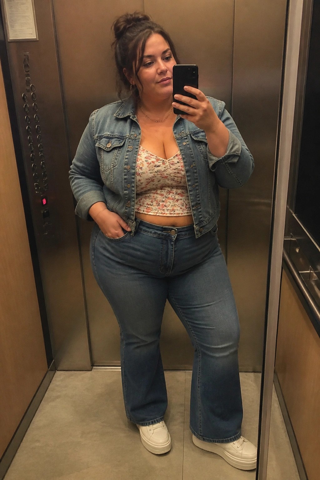 Woman in denim jacket and floral top taking mirror selfie in elevator.