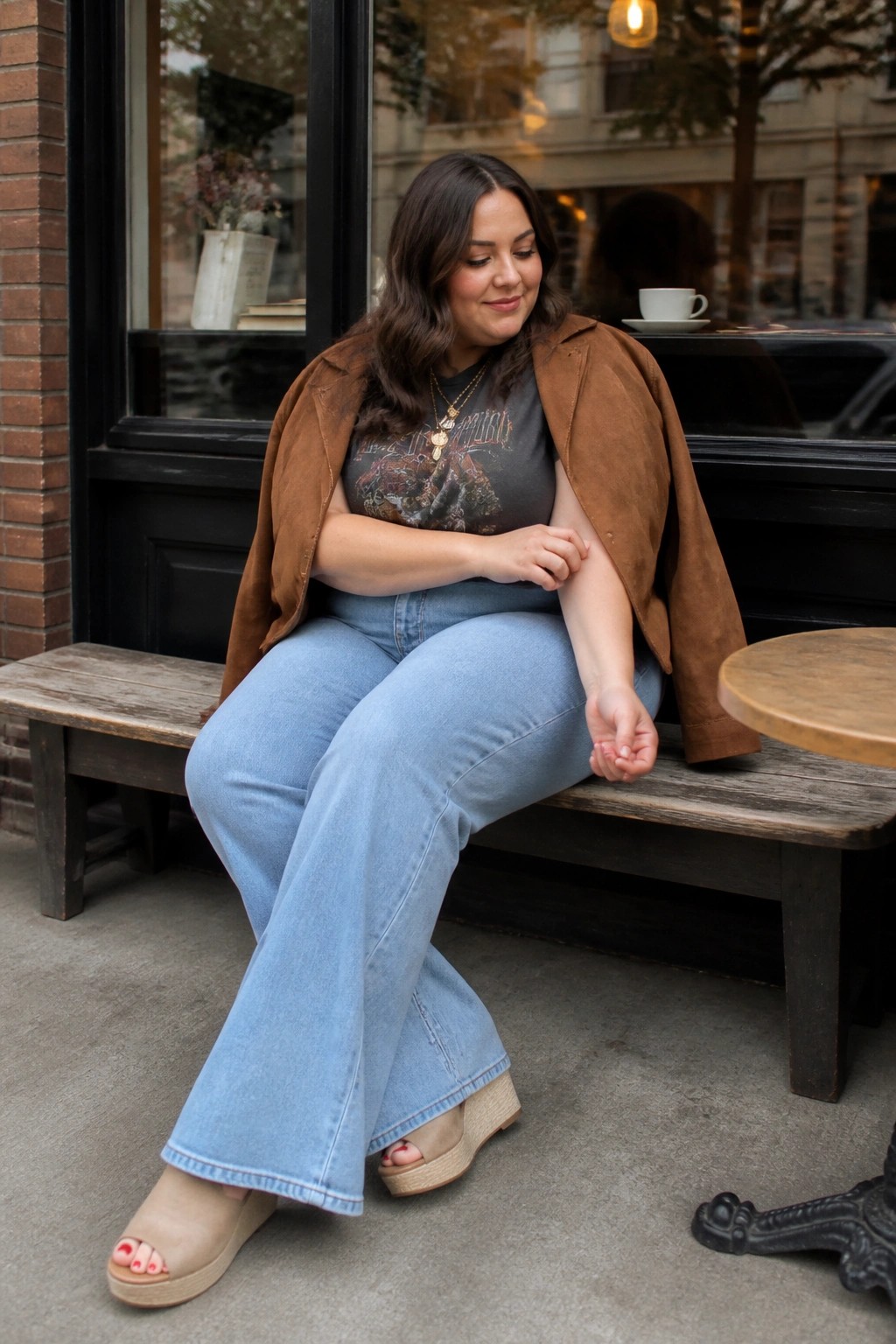 Woman in brown suede jacket, graphic tee, and wide-leg jeans on bench.