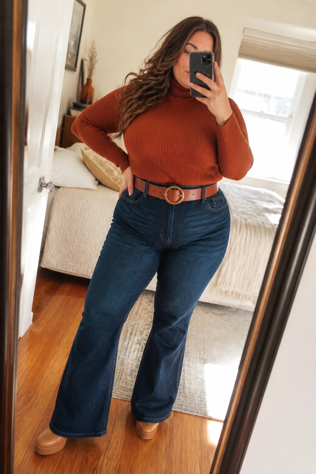 Woman in rust turtleneck and blue flared jeans taking mirror selfie in bedroom