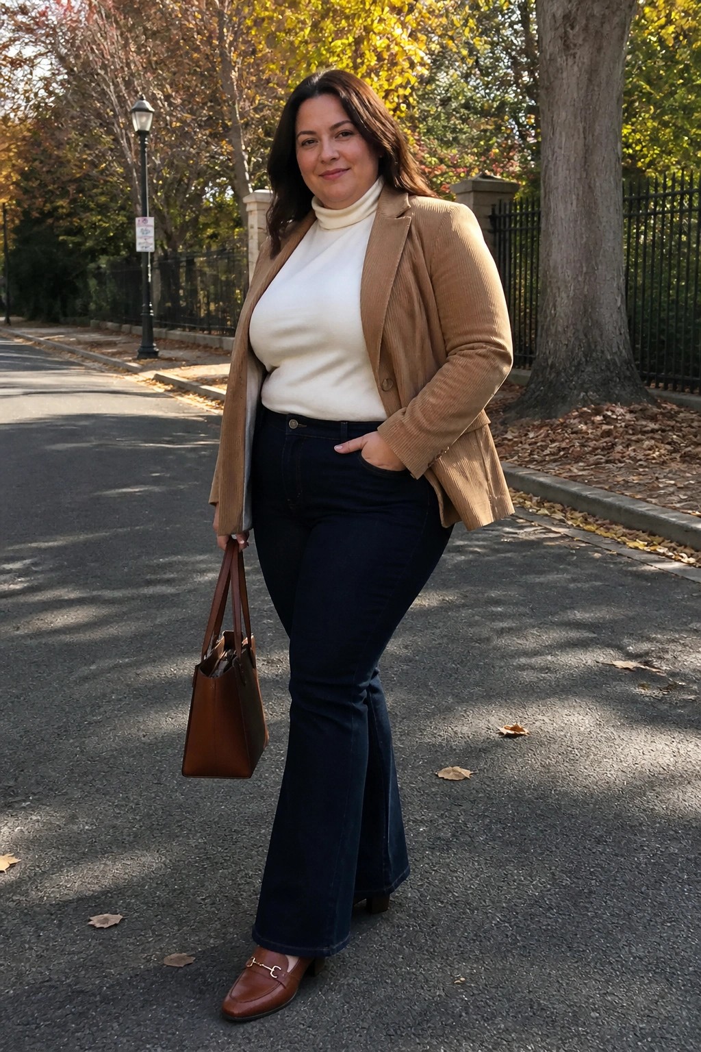 Woman in tan corduroy blazer, white turtleneck, and navy flared jeans holding brown bag