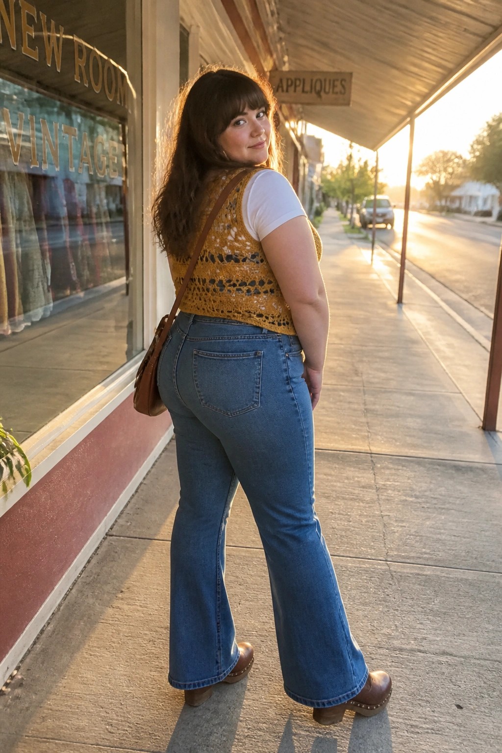 Woman in yellow crocheted vest and blue flared jeans on sunny sidewalk at dusk